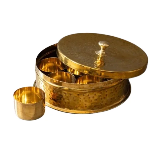 Masala Dabba Kitchen Cabinet Brass Spice Box Spice Container Rounded Lid Pure Brass Masala Box Set With Brass Spoon