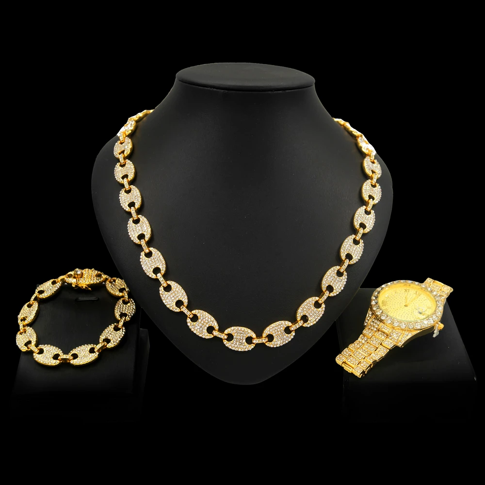 Zhuerrui 24k Gold Plated Dubai Chain Design Jewelry Set Fashion Body Chain Necklace Bracelet Watch Stainless Steel  HW21100149