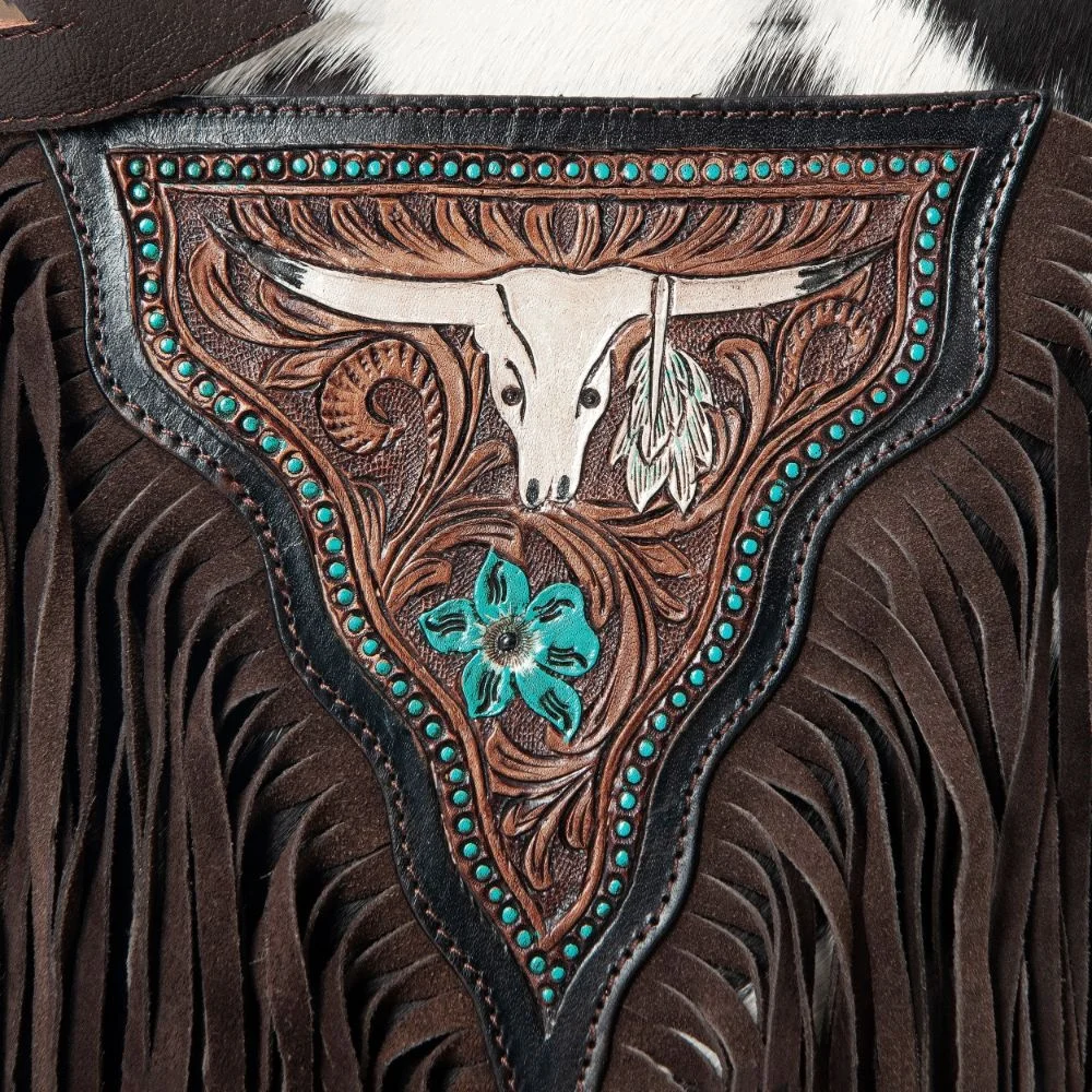 Long Horn Bull Face Design Tooling and Hand Carving Leather Crossbody Side Bag for Cogirls with Concealed Carry Pockets