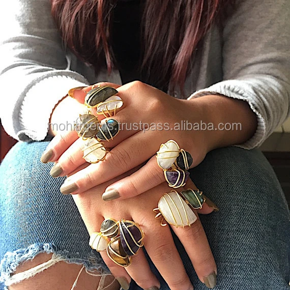 22 Ct Gold Plated White Black Rainbow And Tiger Eye Cabochons Rings