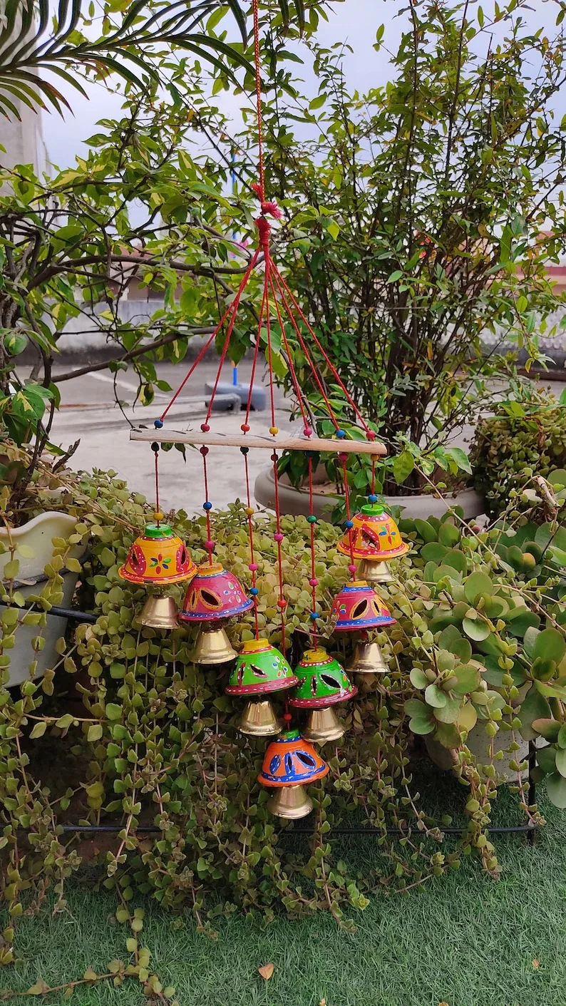 Boho Garden Hanging Bell Wind Chime Dream Catcher MultiColor Beaded Bell Wind Chime for Indoor Outdoor Sun Moon Star Themed Gift