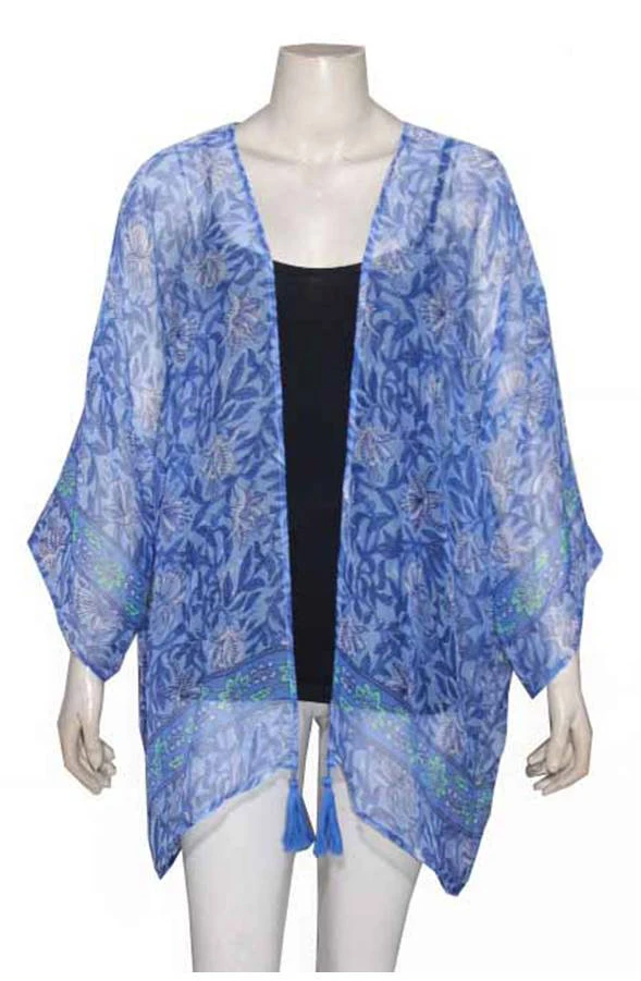 Ladies Kimono Robe Luxury Long Sleeve Sexy Women Robs Femme 100% poly chiffon tassel embellishment print front open kimono wrap