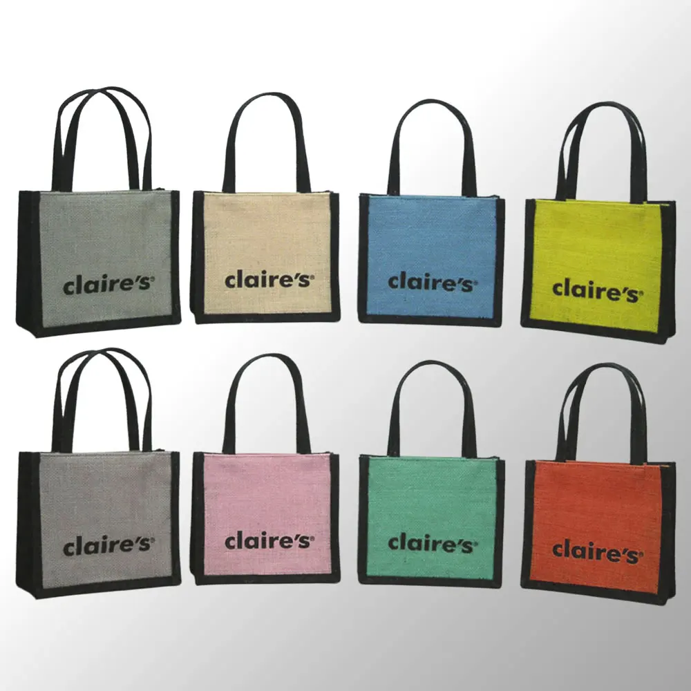 Colored Small Jute Cosmetic Bag With Short Self Handles Customized with your 1 color logo print for free