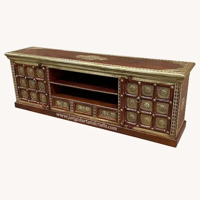 Best Selling Wooden Brass Fitted Tv Stand Unit Metal Fitted Unique Designed Multi-Utility Furniture for Hallway / Living Room