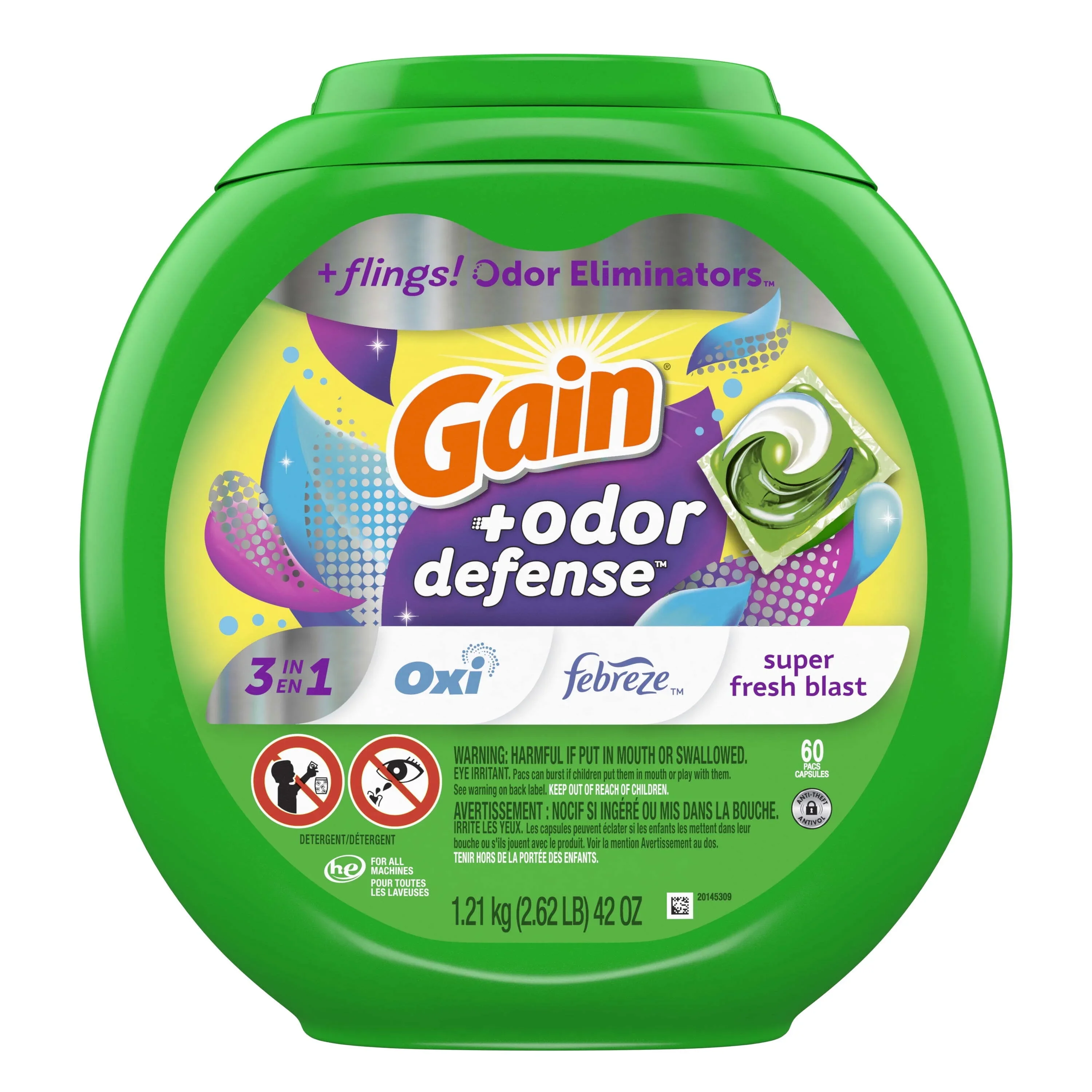 Buy Gain Flings Laundry Detergent Packs with Odor Defense, Super Fresh Blast Scent, 60 Count /   Gain Flings Laundry Detergent