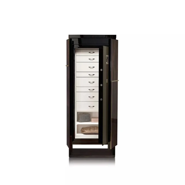 Armored jewelry cabinet in polished Ebony, ruthenium accessories. Inside drawers for jewelry