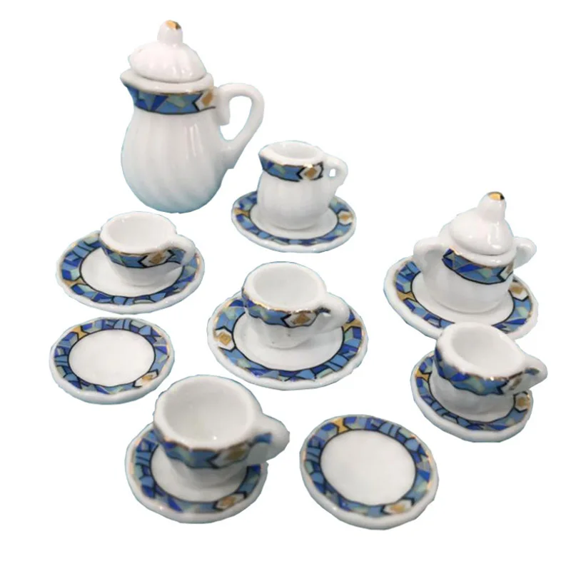 15 pieces :Doll house Miniature Tableware Ceramic Coffee Tea Set Porcelain Tea Cup Set Flower pattern Tableware Toy Store