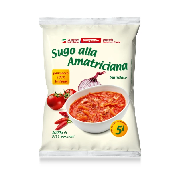Italian food products ready to eat ready meals frozen amatriciana with tomatoes sauce and bacon for pasta