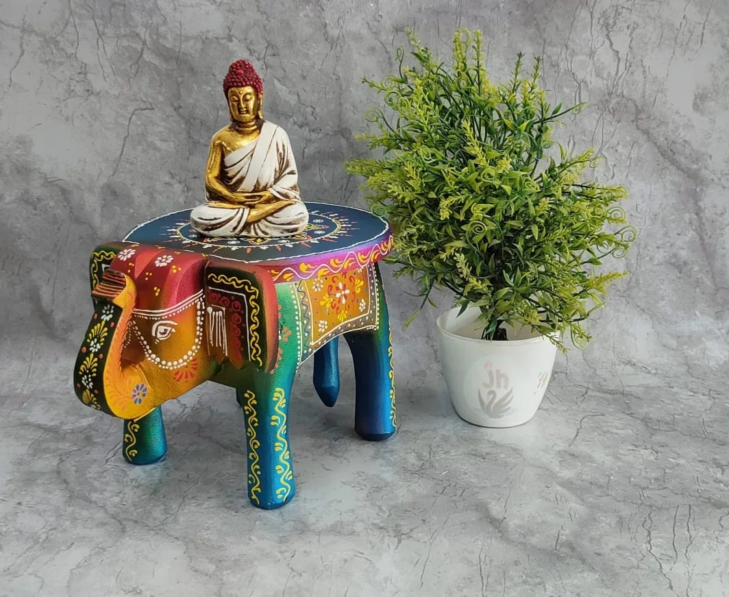 Rajasthani Hand Painted Traditional Design Jaipuri Craft Wooden Decorative Rajasthani Hand Painted Elephant Stool