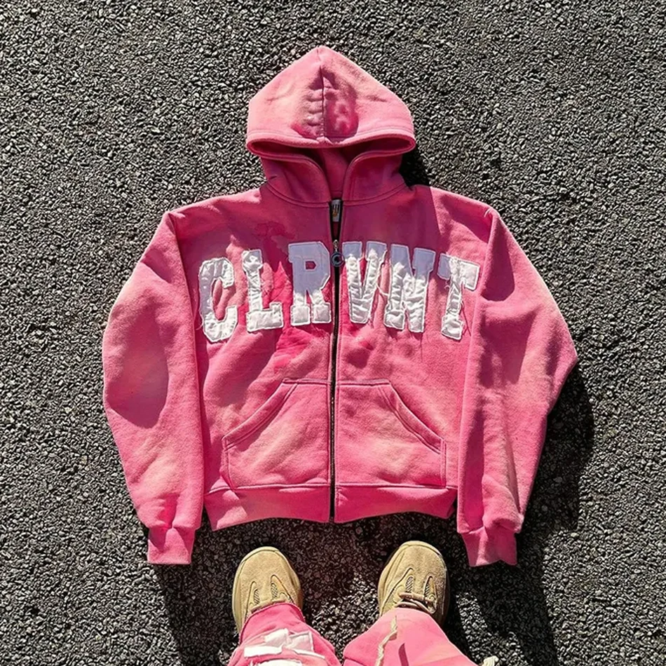 Wholesale Custom Heavyweight Zip Up Hoodie Men Custom Distressed Applique Patch Embroidery Vintage Acid Washed Men Hoodies