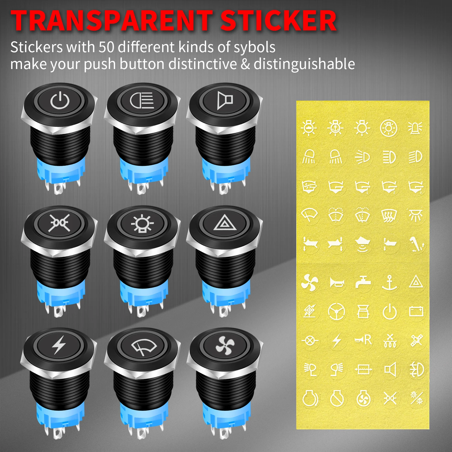 DaierTek 19mm IP65 1NO 1NC 5 Pins Lighted Waterproof Latching Metal Push Button Switch With 12V Blue LED For Car