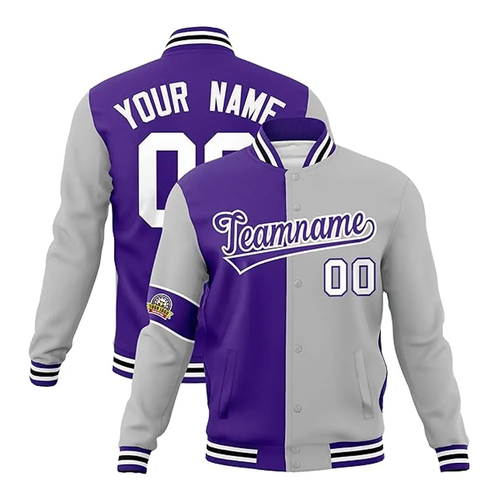 Wholesale Adult & Youth - Letterman Lightweight Personalized Stitched Text Logo in Purple & Gray Varsity Baseball Jacket