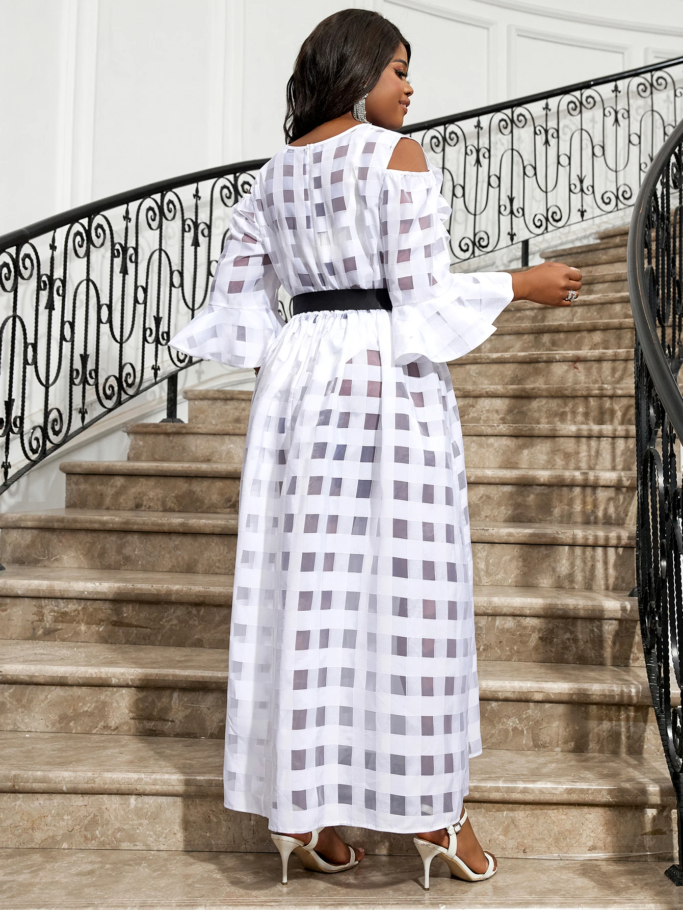 Flare Sleeves Cold Shoulder See Through A Line Women Casual Dress with Belt