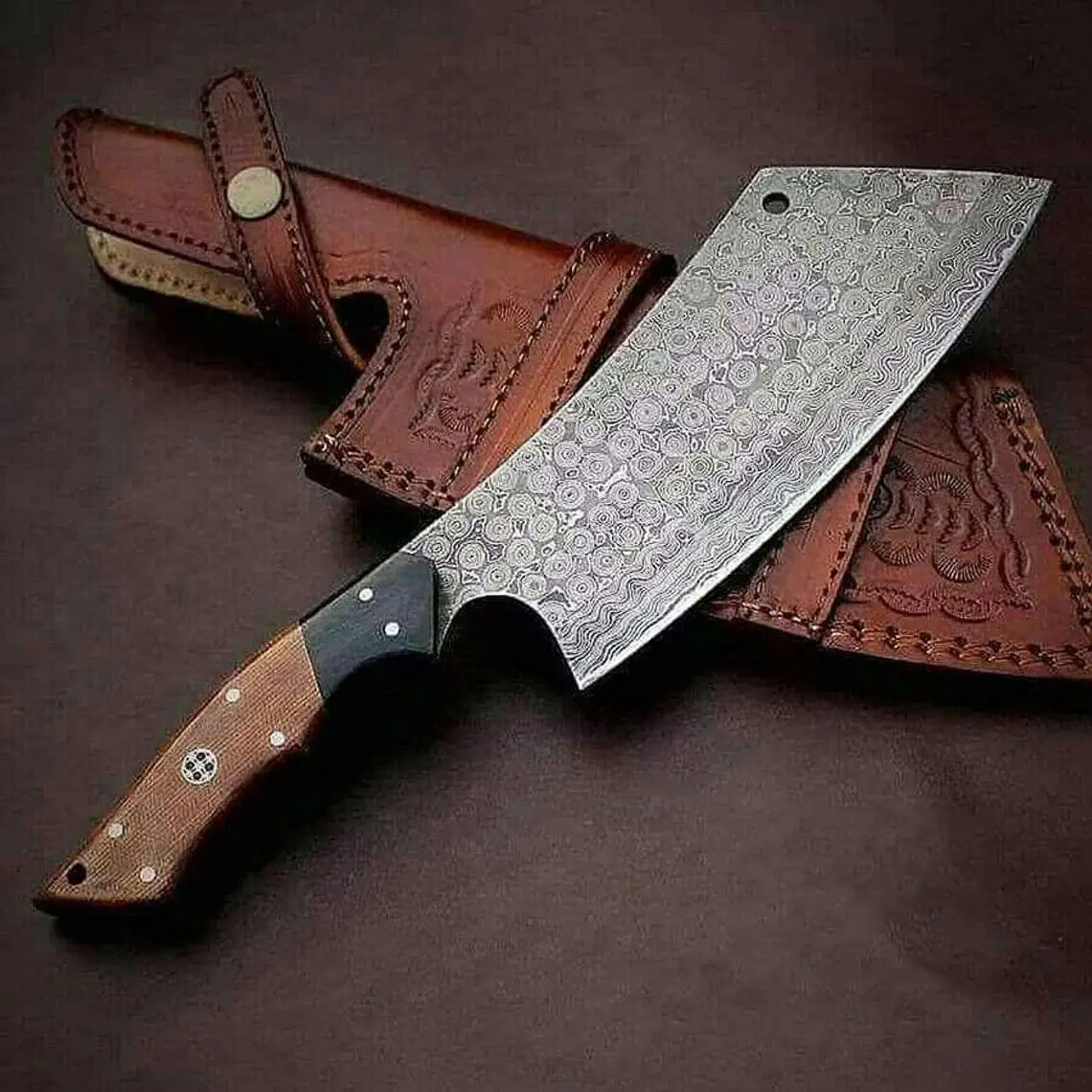 Professional Damascus Steel Serbian Knife, Chopper meat Cleaver Knife Japanese Style With leather sheath