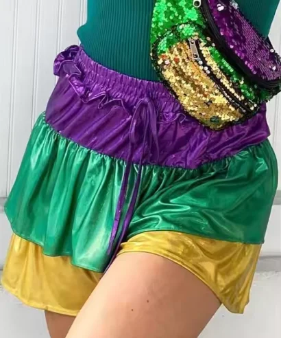 Purple Gold Green Patchwork Satin Ruffle Baggy Shorts For Women Mardi Gras Apparel Culotte Shorts