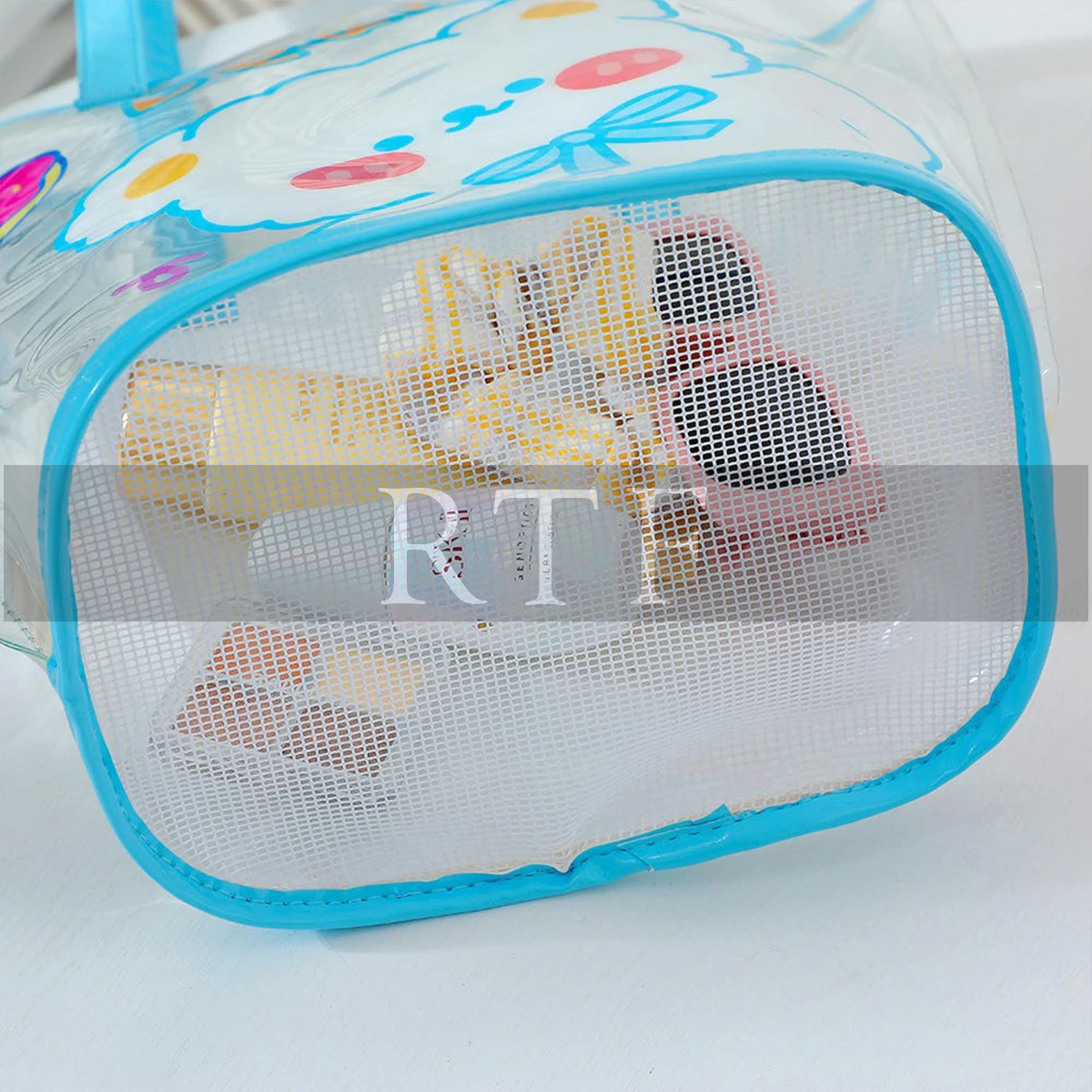 Summer new cartoon transparent PVC handbag girl Jelly shoulder bag large capacity can drain net bottom beach bag by Raw to Fine