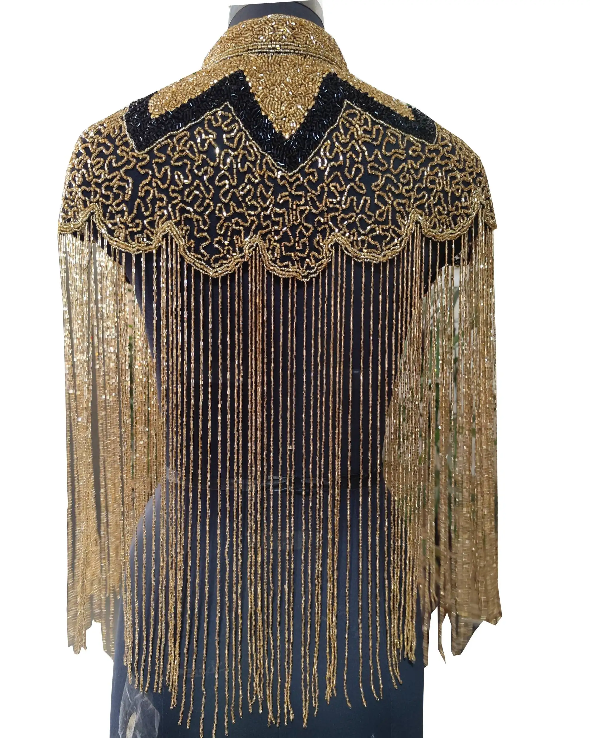 2024 New Luxurious Shiny Long Fringe Hand Beaded Sequins Gold Prom Party Women Evening Top Poncho
