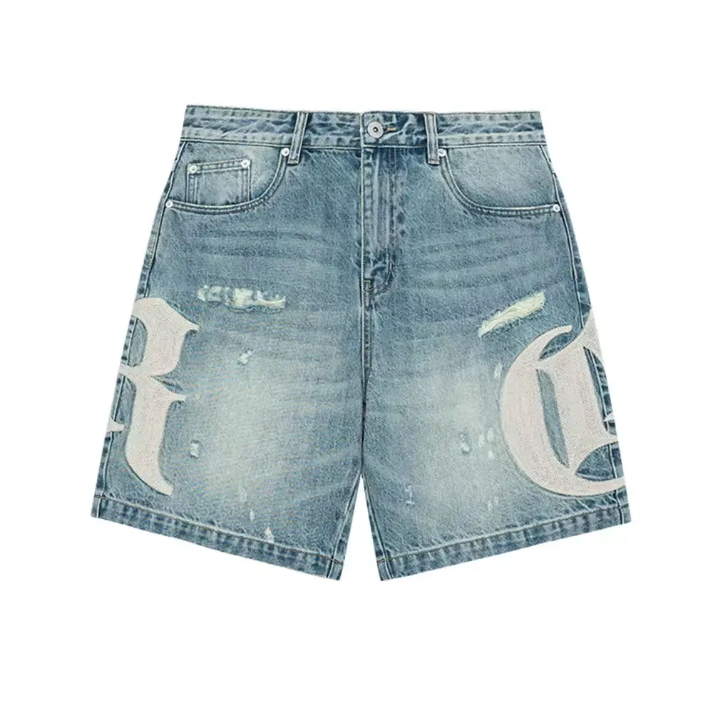 High Quality Print Straight Denim Shorts New Design Custom Embroidery Jeans Shorts for Men