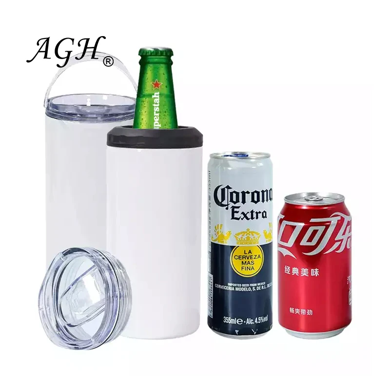 AGH USA China Canada warehouse 4 in 1 16oz skinny straight Stainless Steel Insulated slim sublimation can cooler with straw