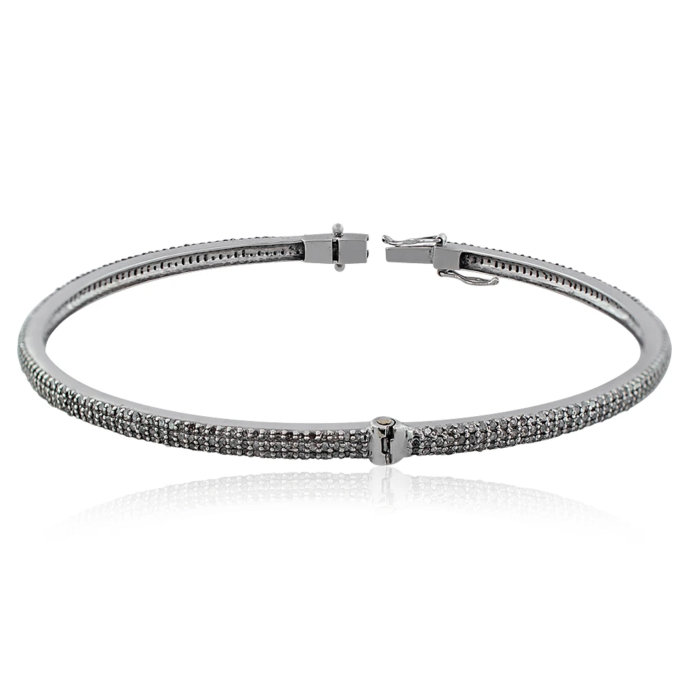 Pave Brown Diamond 925 Silver Openable Lock Bangle Oxidized Bracelet Handmade Round Jewelry 56 MM Gift for Her
