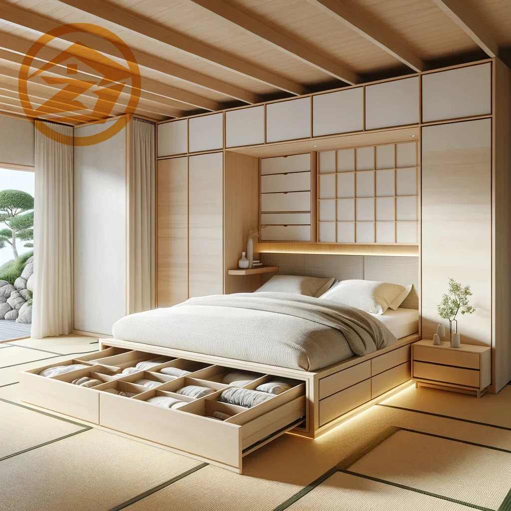 Modern Japanese-Style Hotel Bed with Storage | Minimalist Design & Comfort