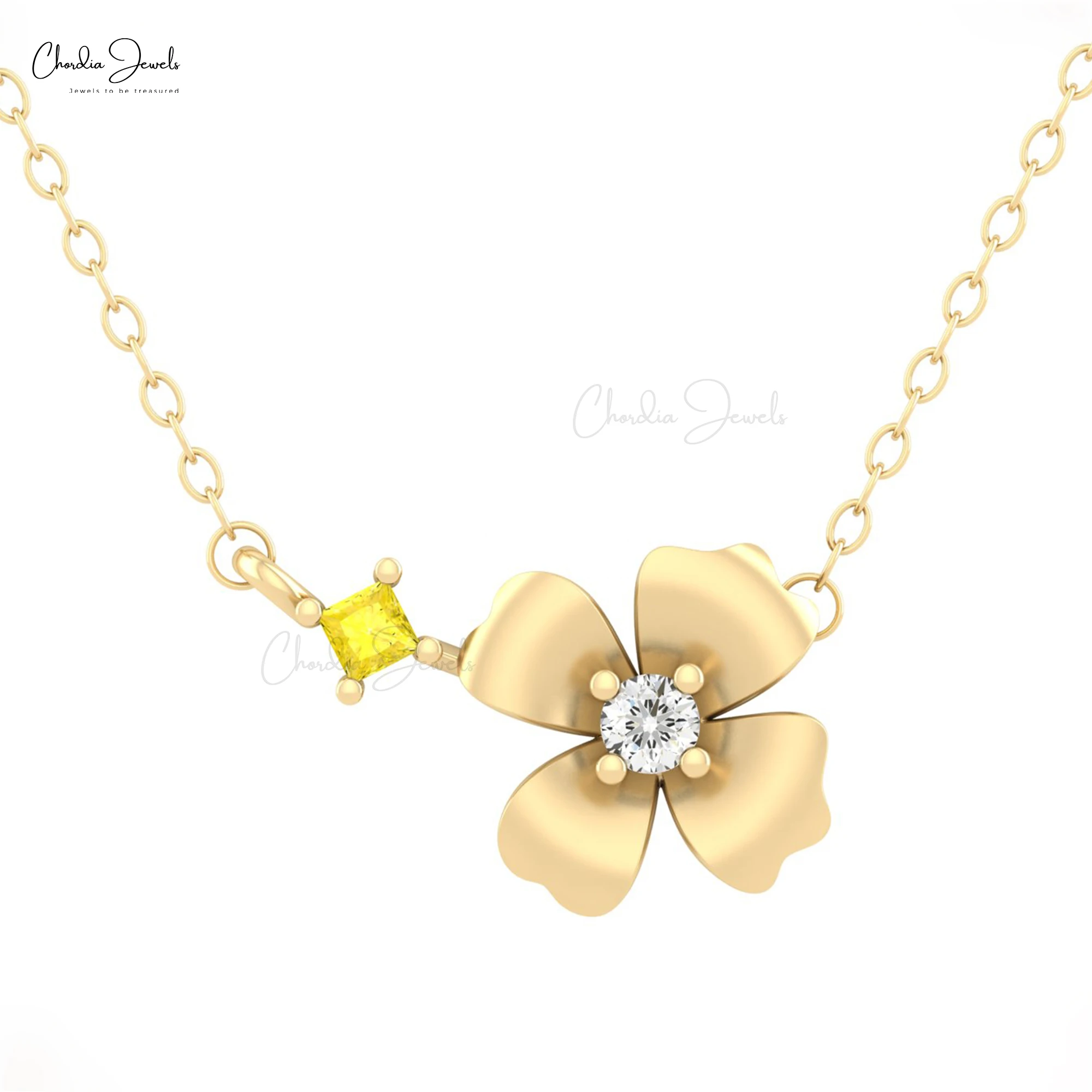 Top Quality 1/4 Cts Yellow Sapphire & White Diamond 14k Gold Flower Necklace for Women Wedding Party Fine Jewelry At Best Price