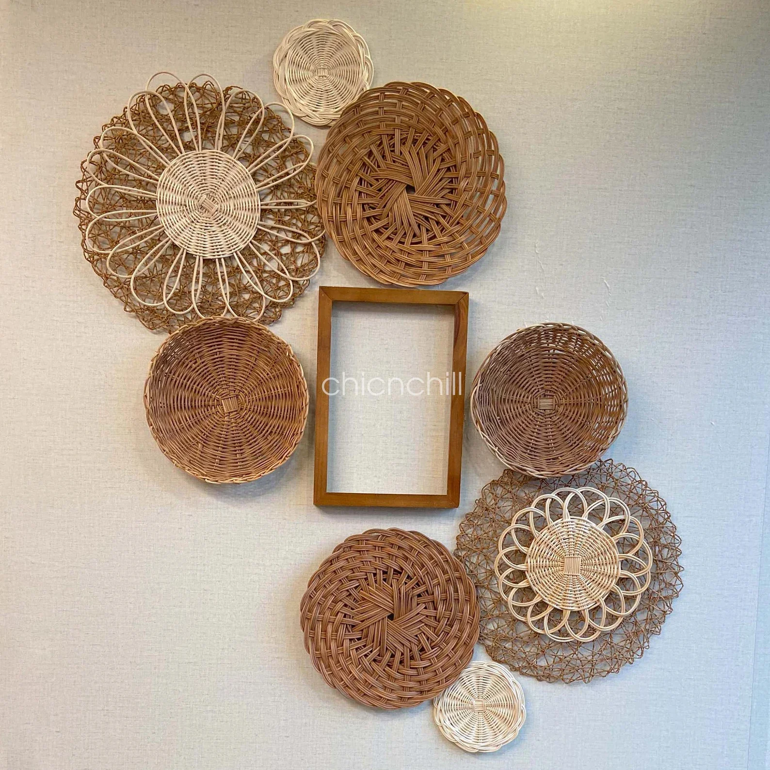 Set of Decorative Handmade Seagrass Plate plastic string; round seagrass rattan bamboo woven basket wall hanging decor