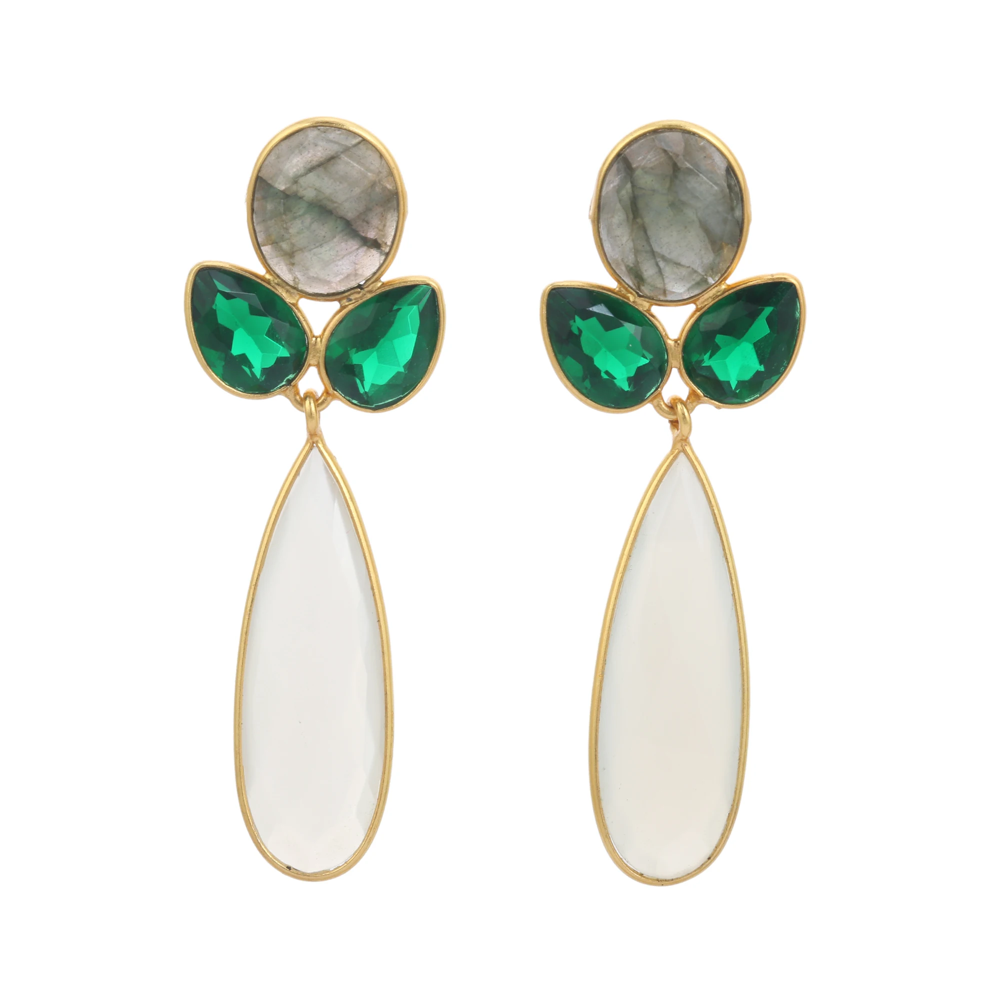 Natural Labradorite and Hot Green Hydro Simple White Milky 18k gold Plated 925 Sterling Silver Earring