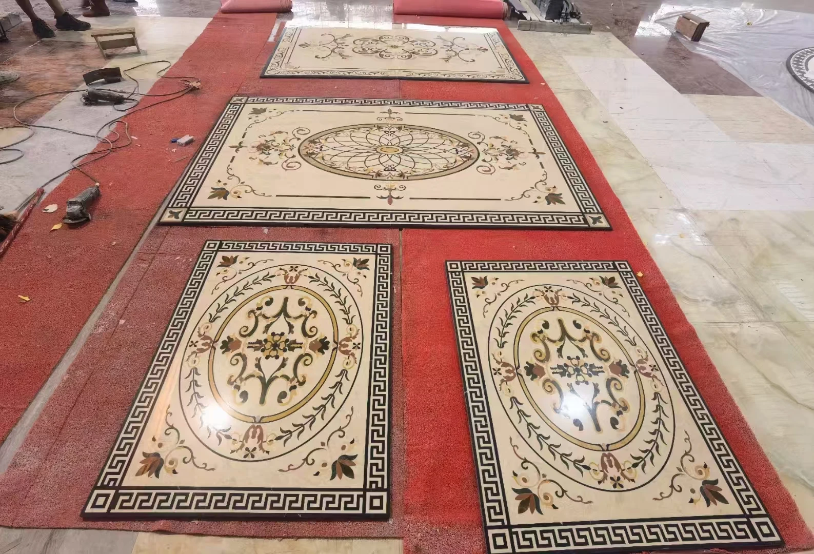 custom made marble carpet whole floor inlay beige marble flooring design classic lobby waterjet marble medallion for home