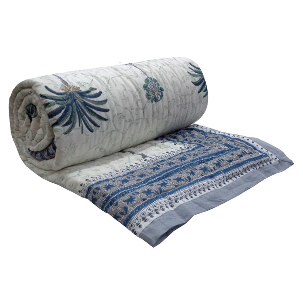 Luxury Quilted Bed Spread 100% Pure Cotton Filling Traditional Woodblock Style Hand Block Printed Cotton Twin Size Quilt