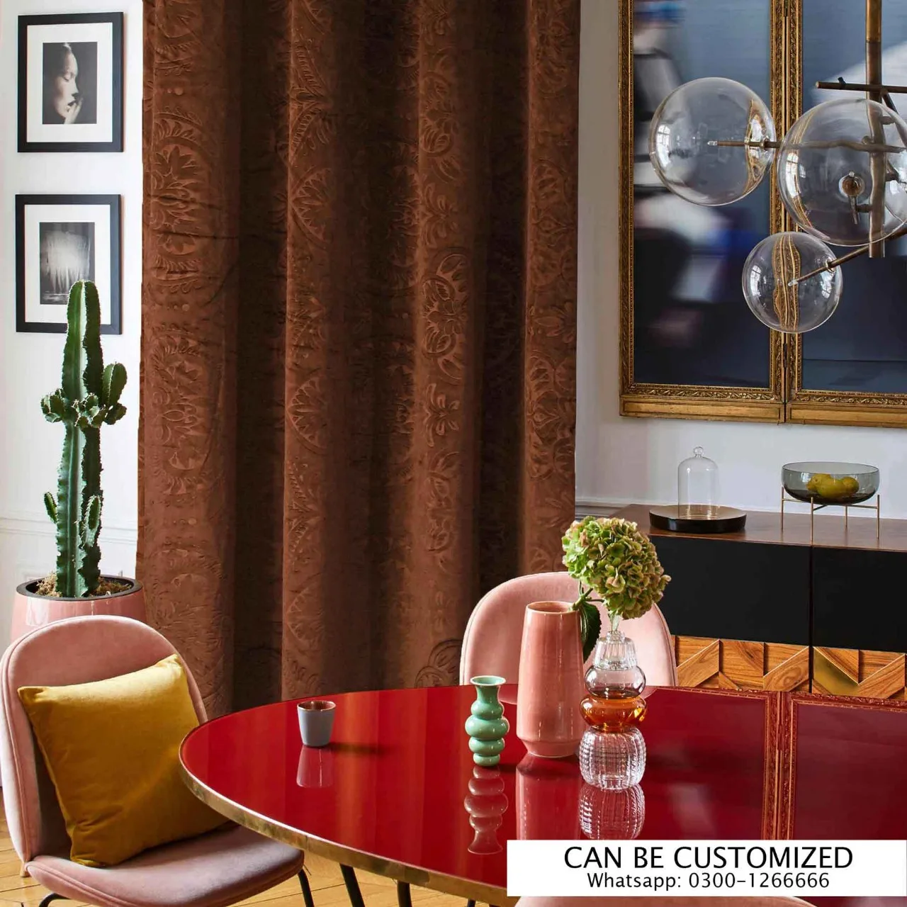 Factory Direct Supplier Traditional Curved Embossed Velvet Curtains Brown single panel look modern yet have a classical touch