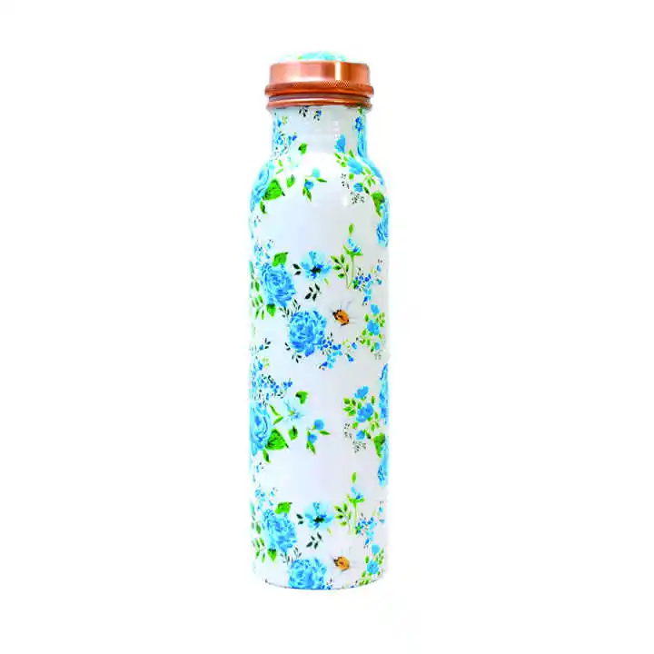 Eco Friendly Flower Printed Water Bottle Top Selling Floral Deign Ayurvedic Copper Water Bottle Trending Factory Supply