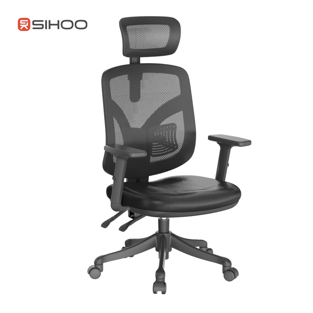 SIHOO M56 ergonomic adjustable office leather computer mesh chair with big comfortable cushion pp base