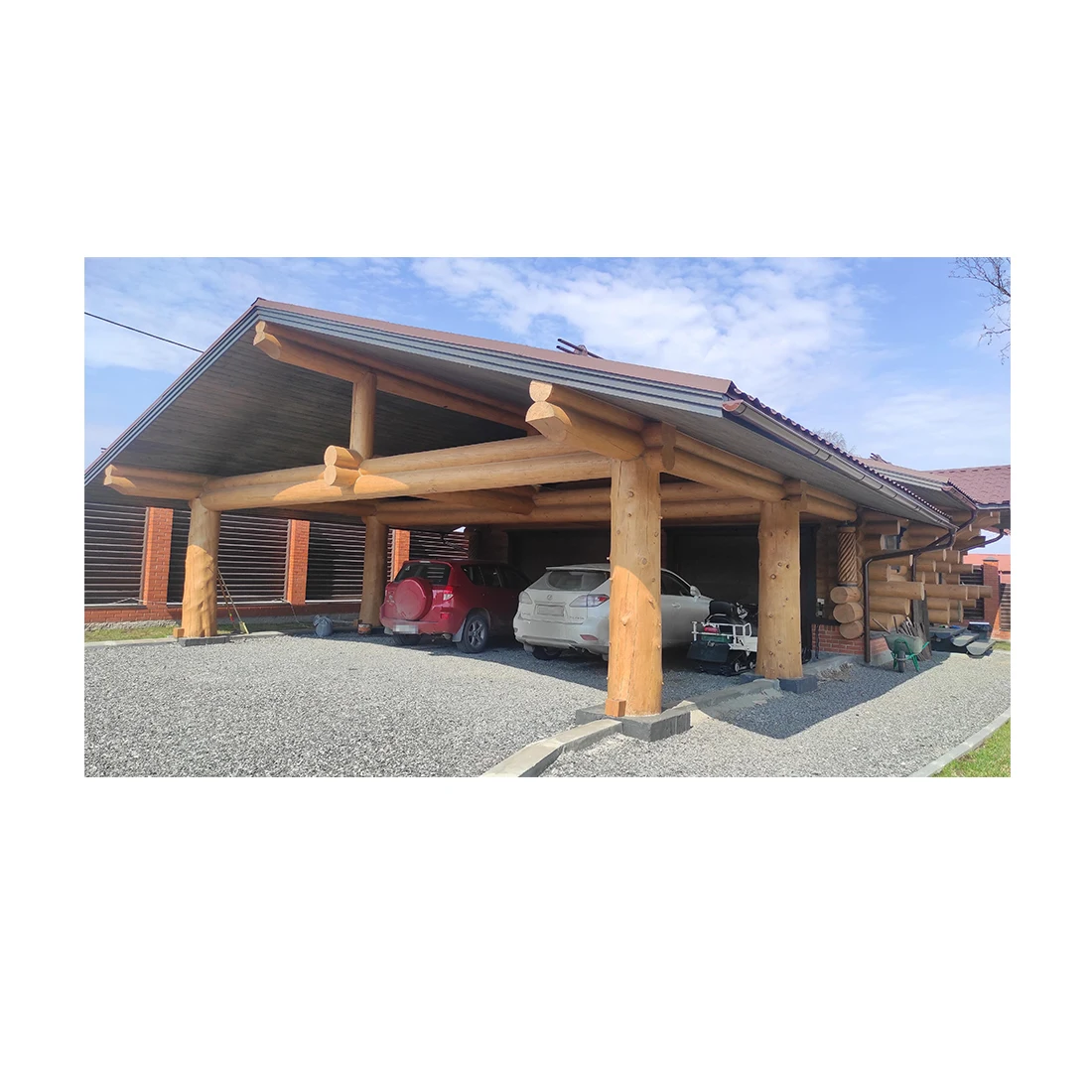 Custom-built Natural Wooden Log Garage 120 m2 with Canopy and Windows Natural Solid Wood Garage Kit for Building