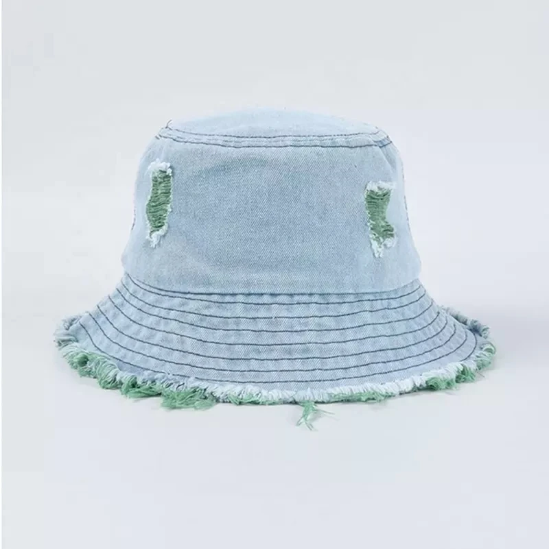 Wholesale Ladies Bucket cap and hat Fashion For Womans Two Colour Frayed Brim Worn Out Design Cool Denim Jeans Bucket Hat