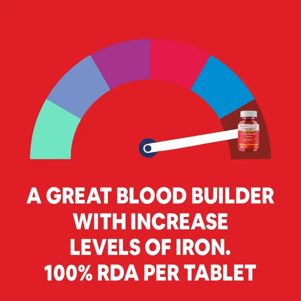 Natural Vegetable Chelated Iron Supplement for Women & Men Iron Tablets with Vitamin C, Vitamin B12, Folic Acid & Zinc - 60 Veg