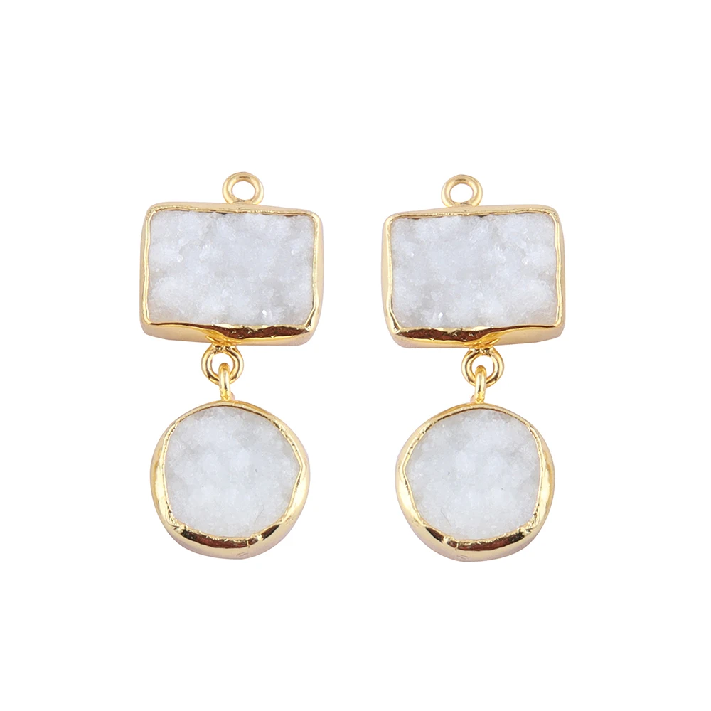 Gold Plated White Agate Druzy Earring Connector/ Collet Sett Rectangle & Round Shape Gemstone Finding Jewelry