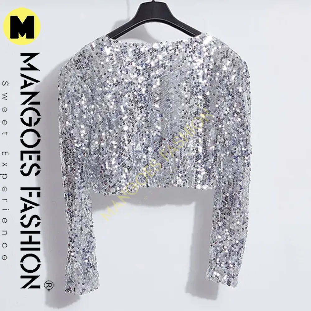 Sequins Jacket Women Luxury Party Evening Dress Nightclub Outfits Music Festival Rave Top Long Sleeve Short Coat Silver
