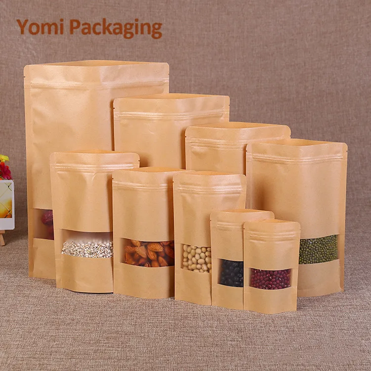 Custom Wholesale Reusable Kraft Paper Stand Up Pouches With Matte Window Food Grade Coffee Nuts Seeds Bean Packaging Mylar Bags