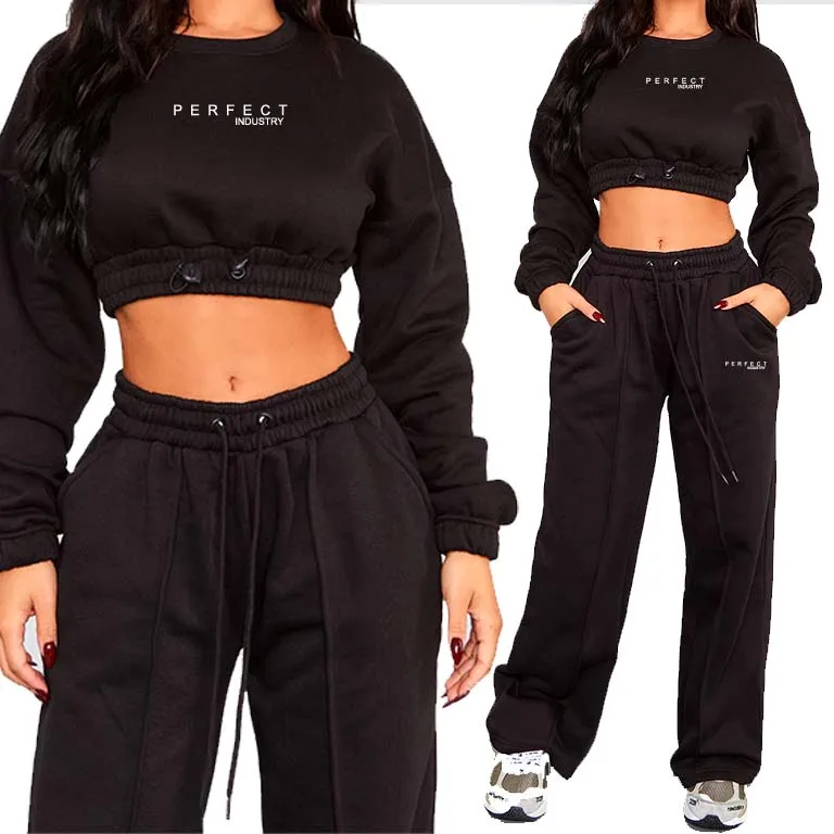 2024 New Black Crop top elasticated Sweatshirt Set Casual wearing Custom logo sweatpants with round neck shirt set for women