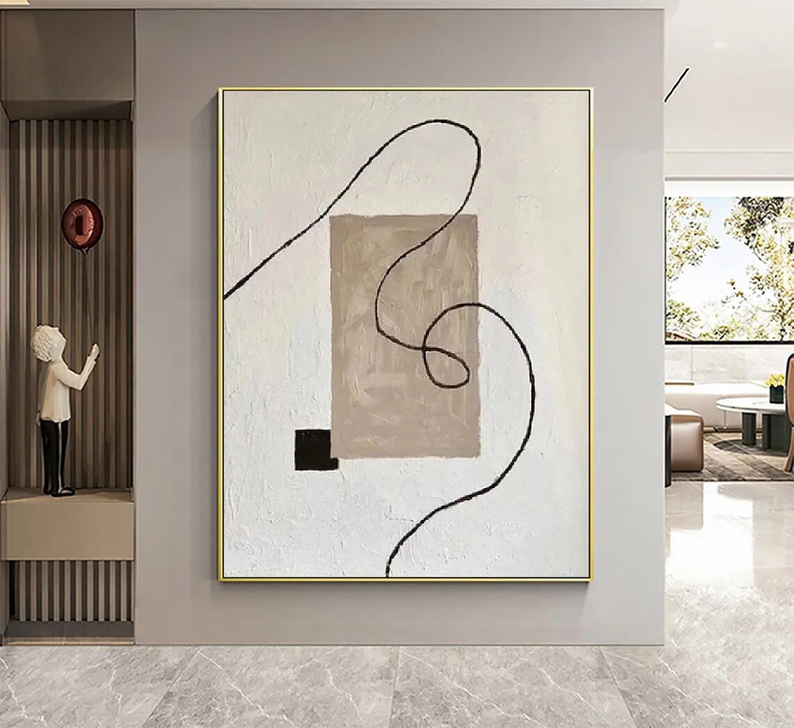 White and Brown Minimalist Painting Black Texture Wall Art Abstract Painting on Canvas Wabi-sabi Wall Art for Living Room