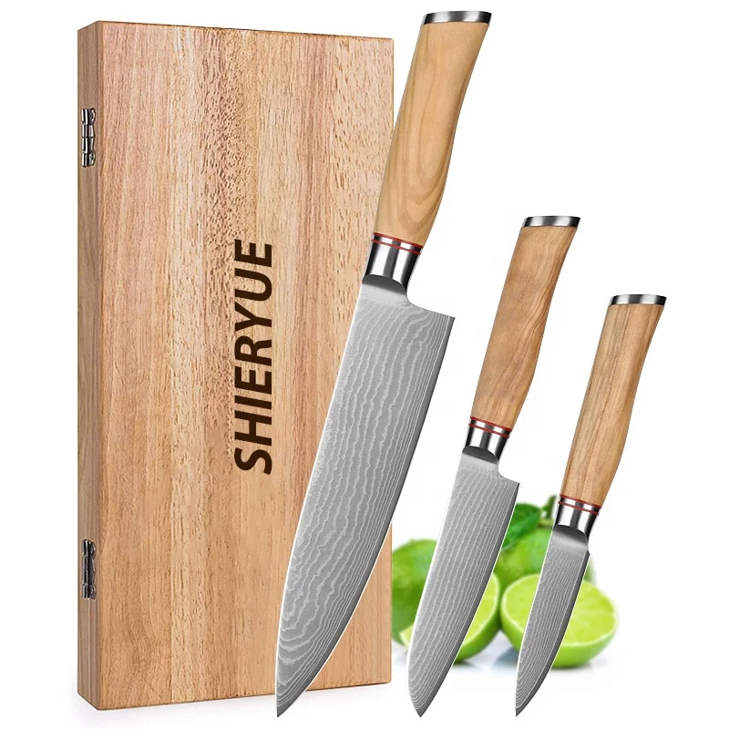 Oem custom olive wood classic pattern damascus chef knife set with wooden gift box