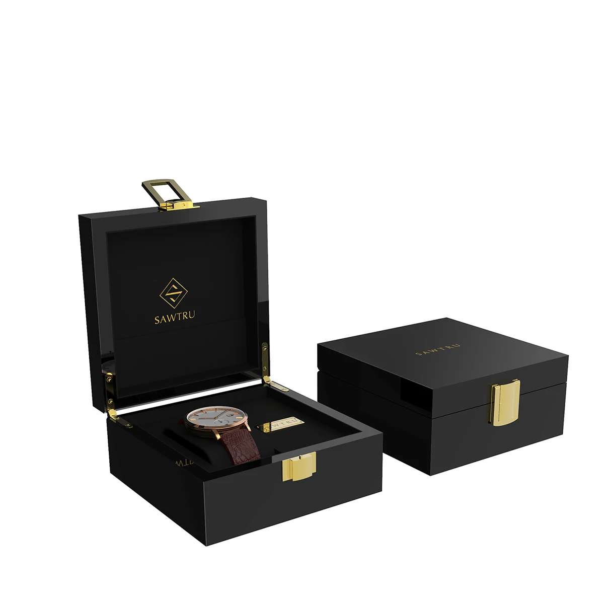 Luxury High Quality Custom Logo Black MDF Wooden Watch Box Gift Packaging Display Single Watch Box Case With Foam Insert