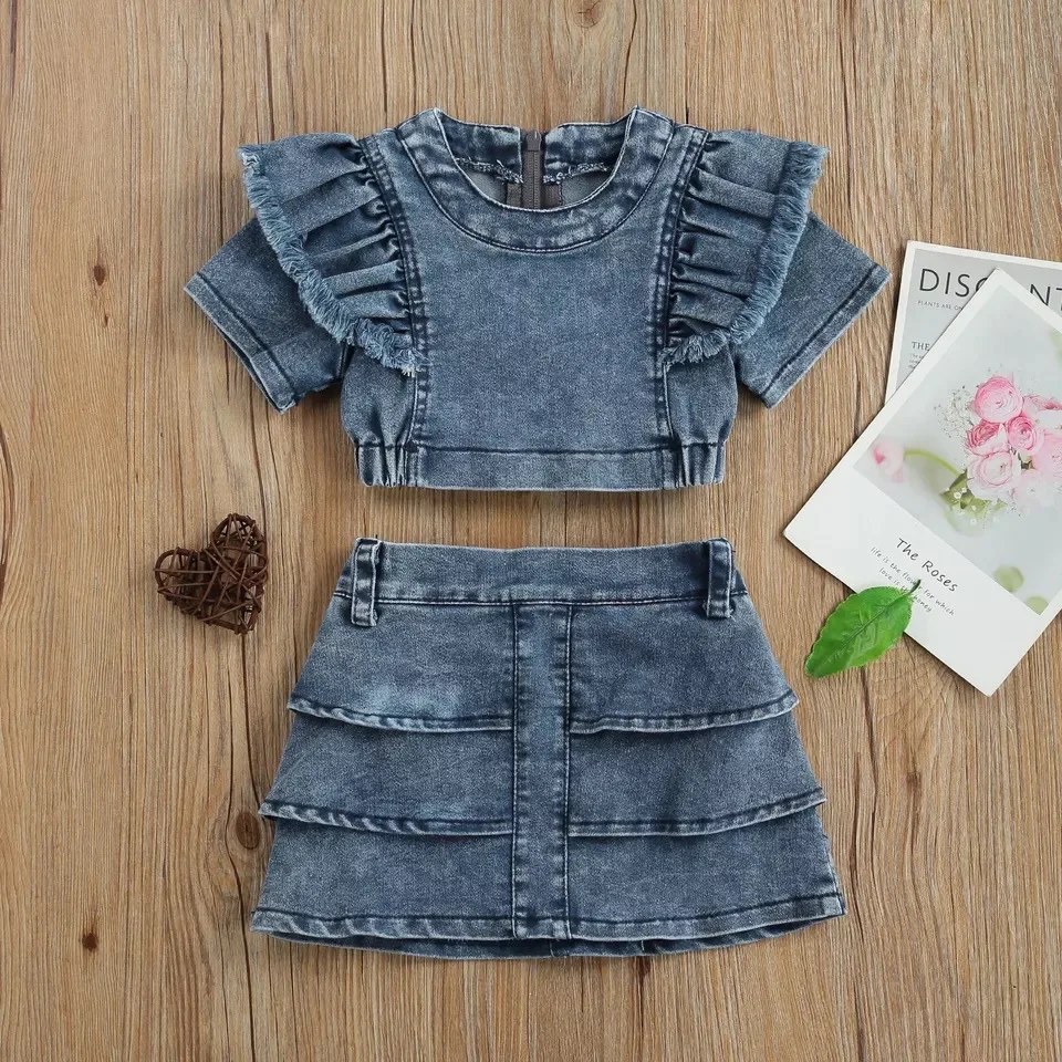 Conyson hot sale Summer Baby clothes Sets Fashion wholesale Short Sleeve denim Girl Clothing Kids solid Skirt 2 pieces outfit
