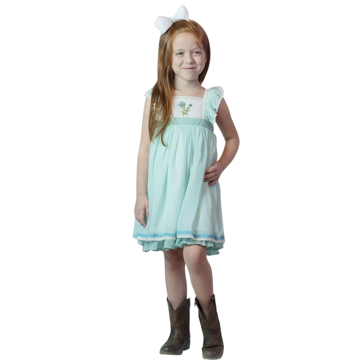 Hot sale  blue embroidered chiffon fabric ruffle dress