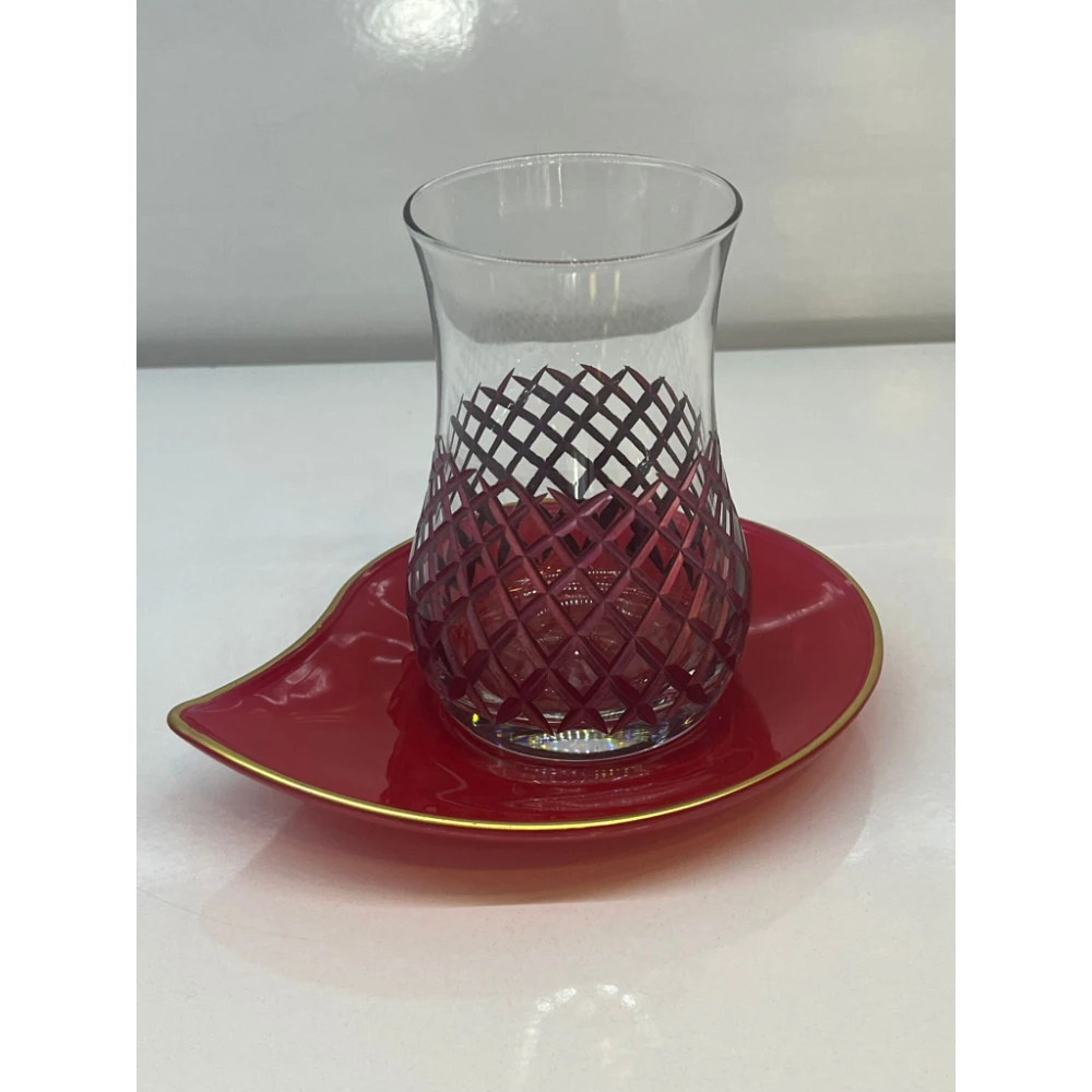 quality Private Label Tea Cups Saucers Plaid Colorful Cut Design Tea Sets Luxury Glass Cup Wholesale 12pcs Pack  Made in Turkey