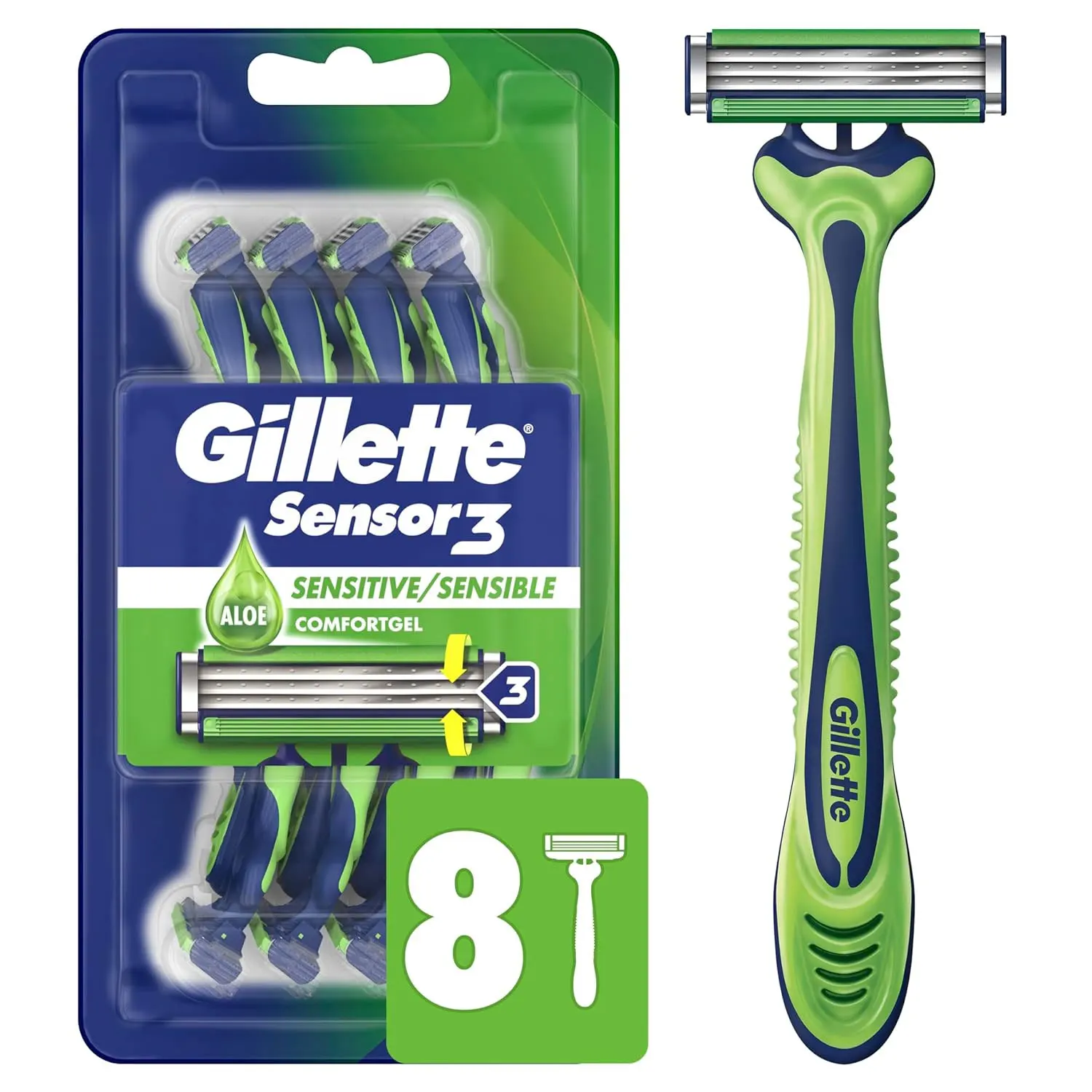 Gillette Sensor3 чувствительные мужские одноразовые бритвы-4 упаковки | Система с тройным лезвием улучшенная смазка чувствительный уход за кожей