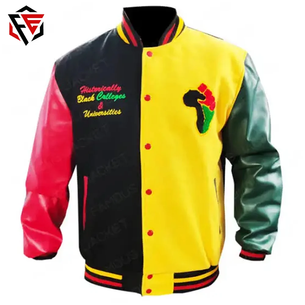 Custom Made Varsity Jacket Yellow Red Sleeves Black Body Letterman Varsity Jacket with Custom Logos Lamb Skin Leather