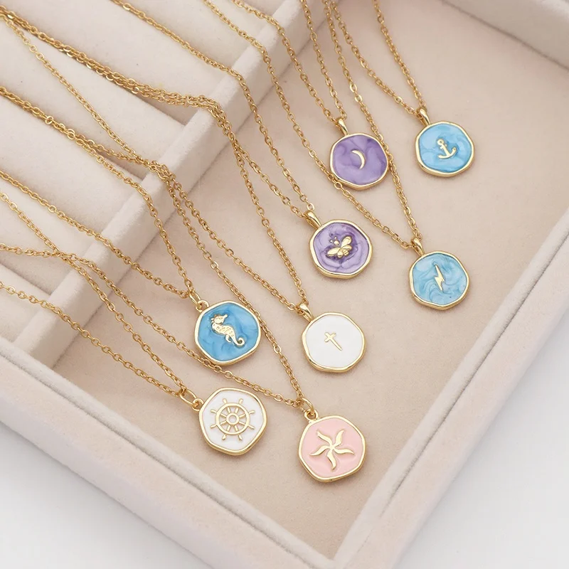 Fashion Round Gold plated stainless steel Chain Enamel Cross Lighting Anchor Moon Butterfly Sea Horse Sea Star Pendant Necklace