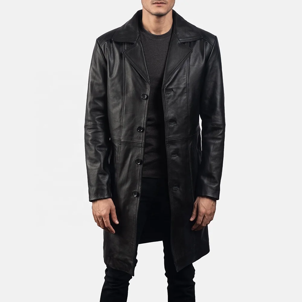 New Long Jet Black Leather Coats Fully customized With Front Style Double-breasted Buttons Belt Collar Style Shirt Center Back V